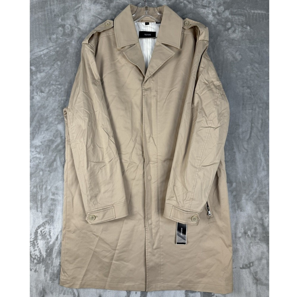 Alfani Men's Tan Long Trench Coat L Classic Style Button Up Lined Pockets‎